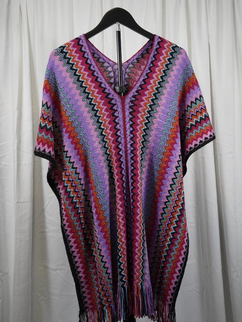 Missoni Multicolor Zigzag Knit Poncho Cape Shawl Fringe Wool Blend NWT